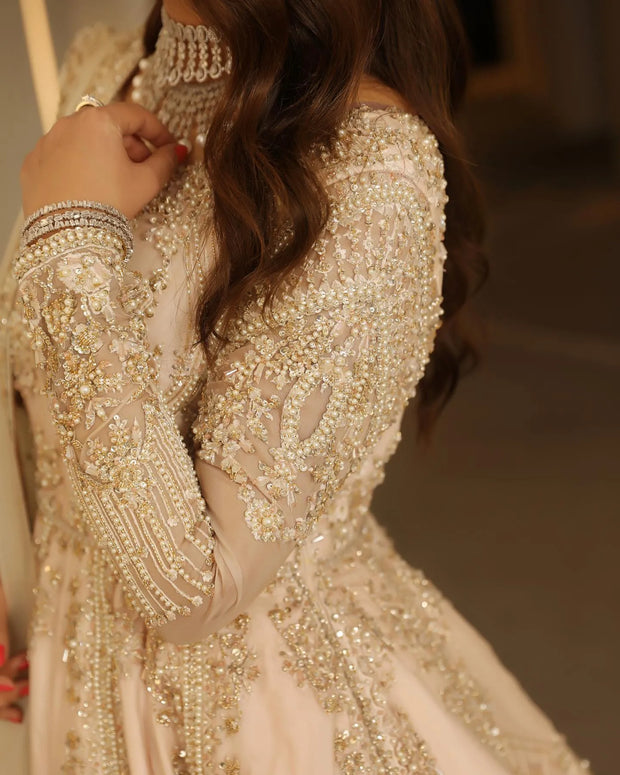 Pakistani Bridal Frock with Tail Lehenga and Dupatta Dress