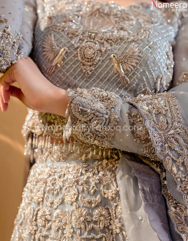 Pakistani Bridal Ghagra Choli in Sky Blue Color Closeup Look
