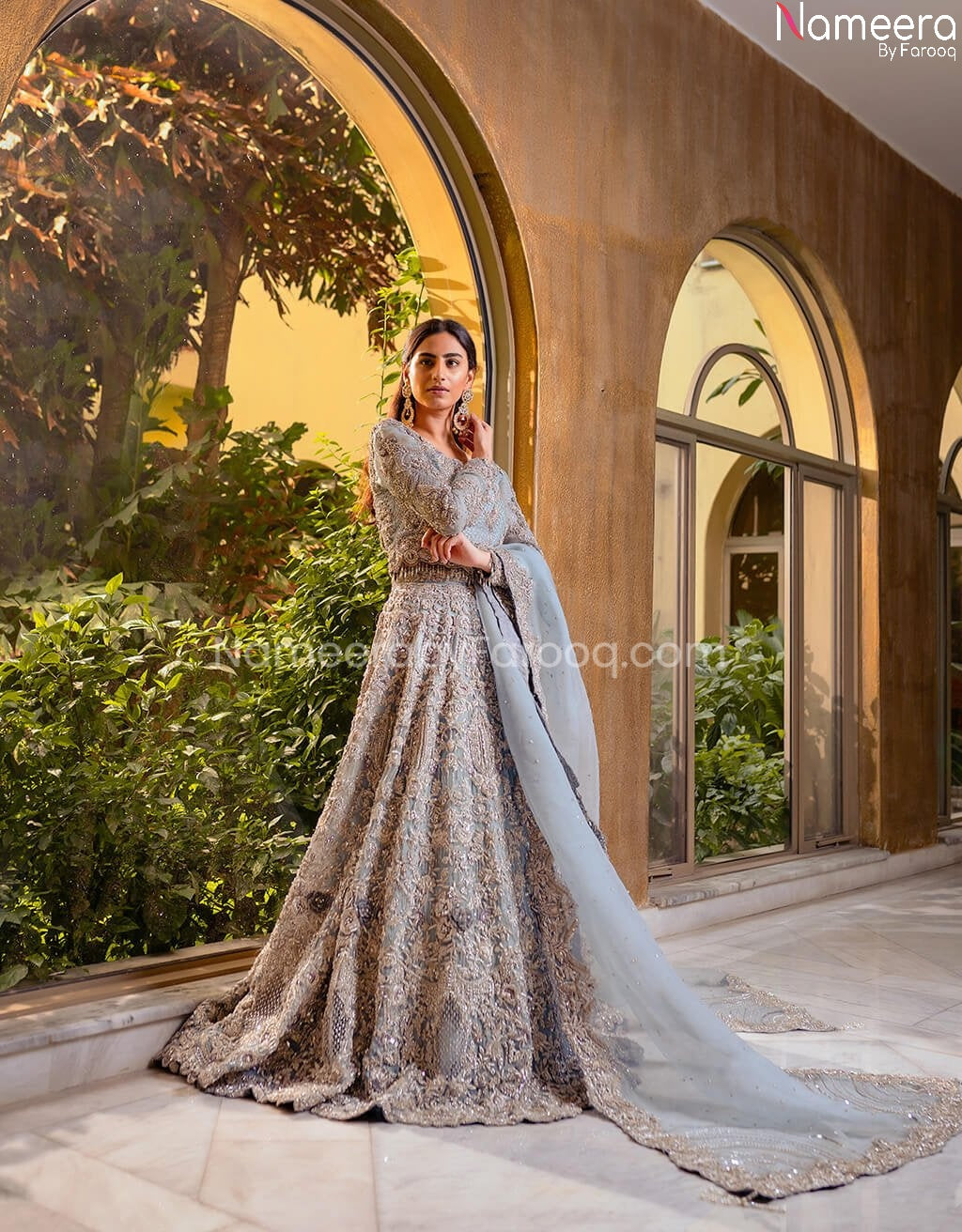 Pakistani Bridal Ghagra Choli in Sky Blue Color Overall Look
