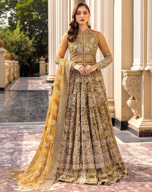 Pakistani Bridal Gown Lehenga and Dupatta Dress in Net