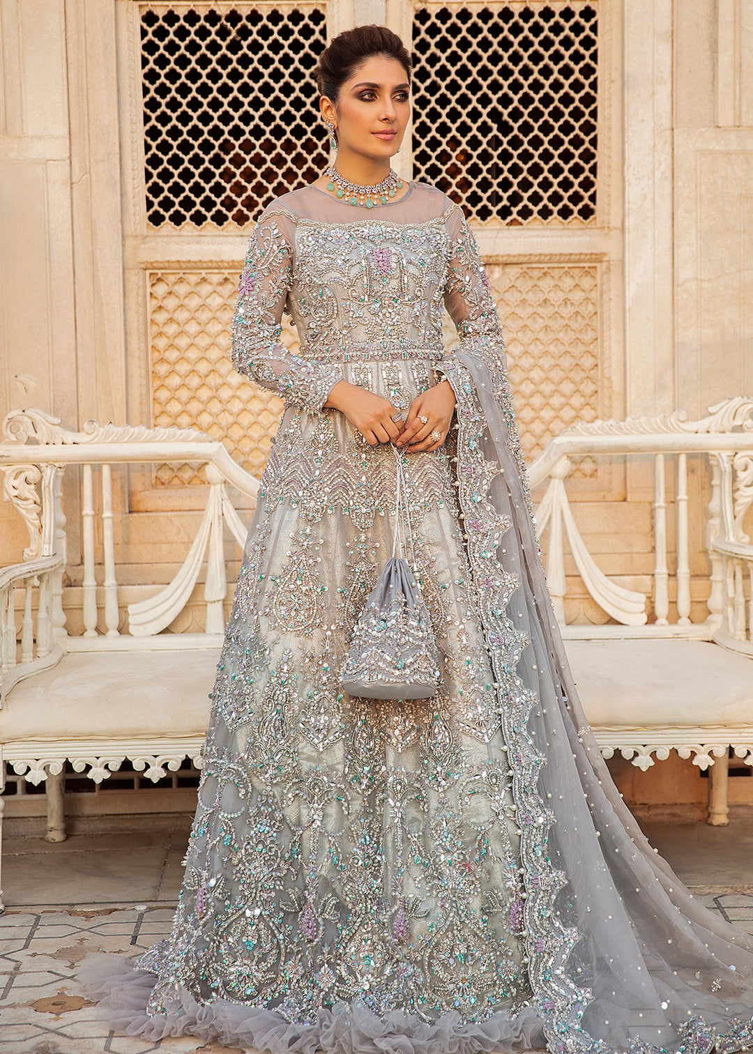 Pakistani Wedding Gown with Bridal Lehenga in Ice Grey Color