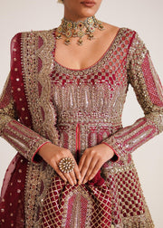 Pakistani Bridal Gown in Open Style with Red Lehenga and Organza Dupatta Dress for Wedding Online