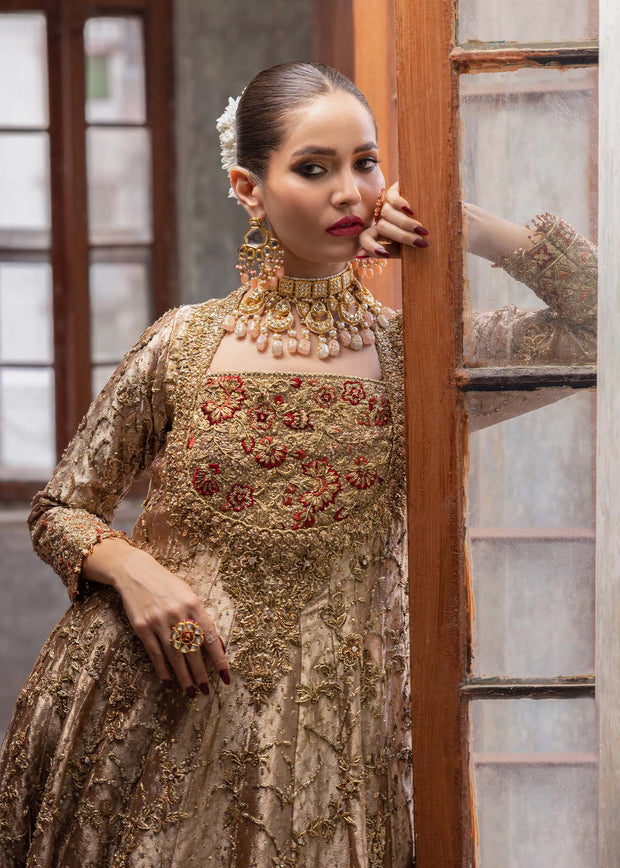 Pakistani Bridal Gown with Golden Lehenga and Dupatta Dress