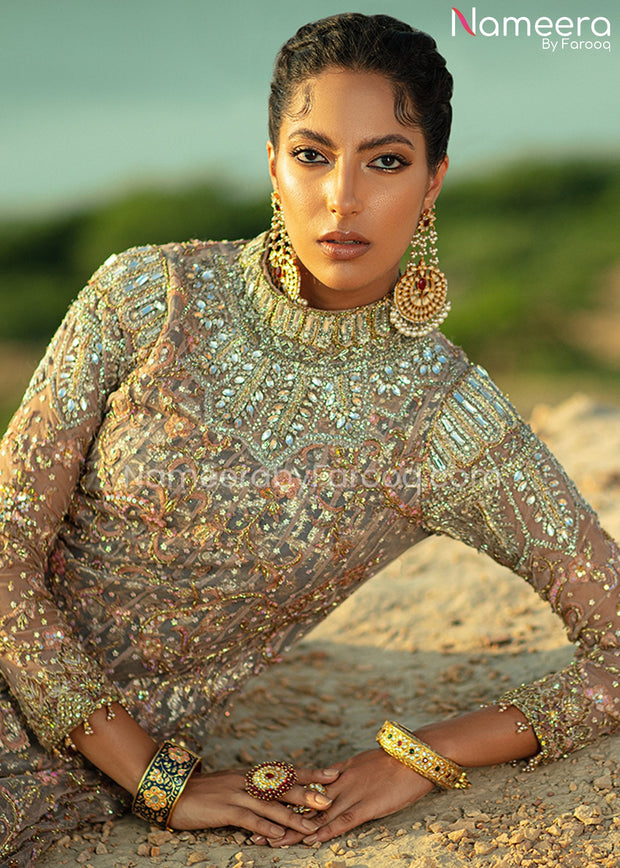 Pakistani Bridal Gown with Lehenga and Dupatta Attire