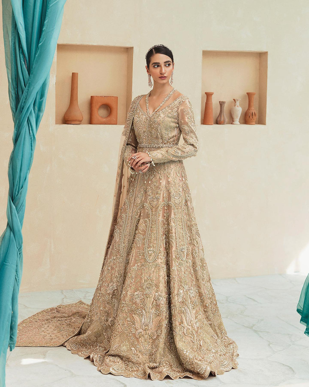 Elegant Open Pakistani Bridal Gown with Lehenga & Dupatta