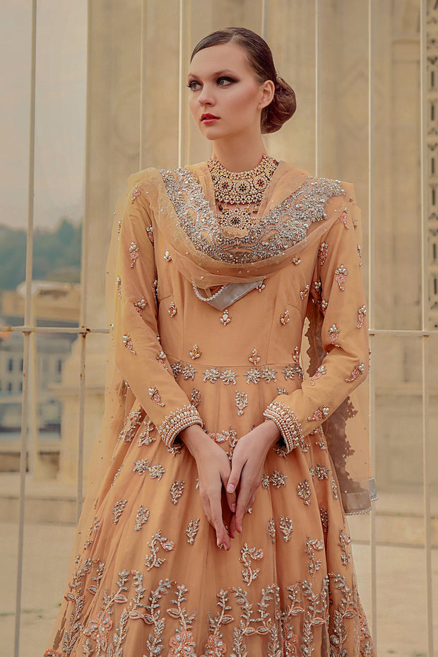 Pakistani Bridal Gown with Lehenga and Dupatta in Peach Color