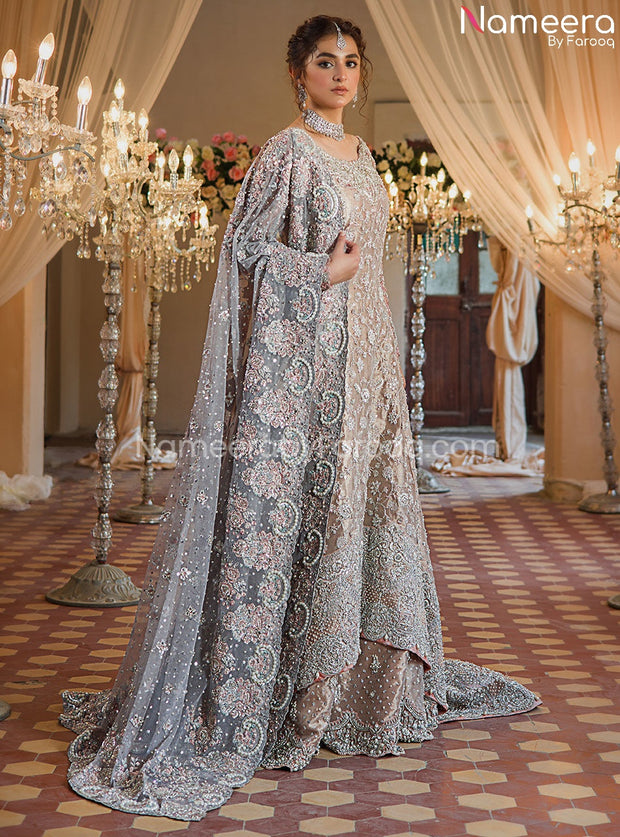 Pakistani Bridal Gown with Sharara in Brocade Fabric