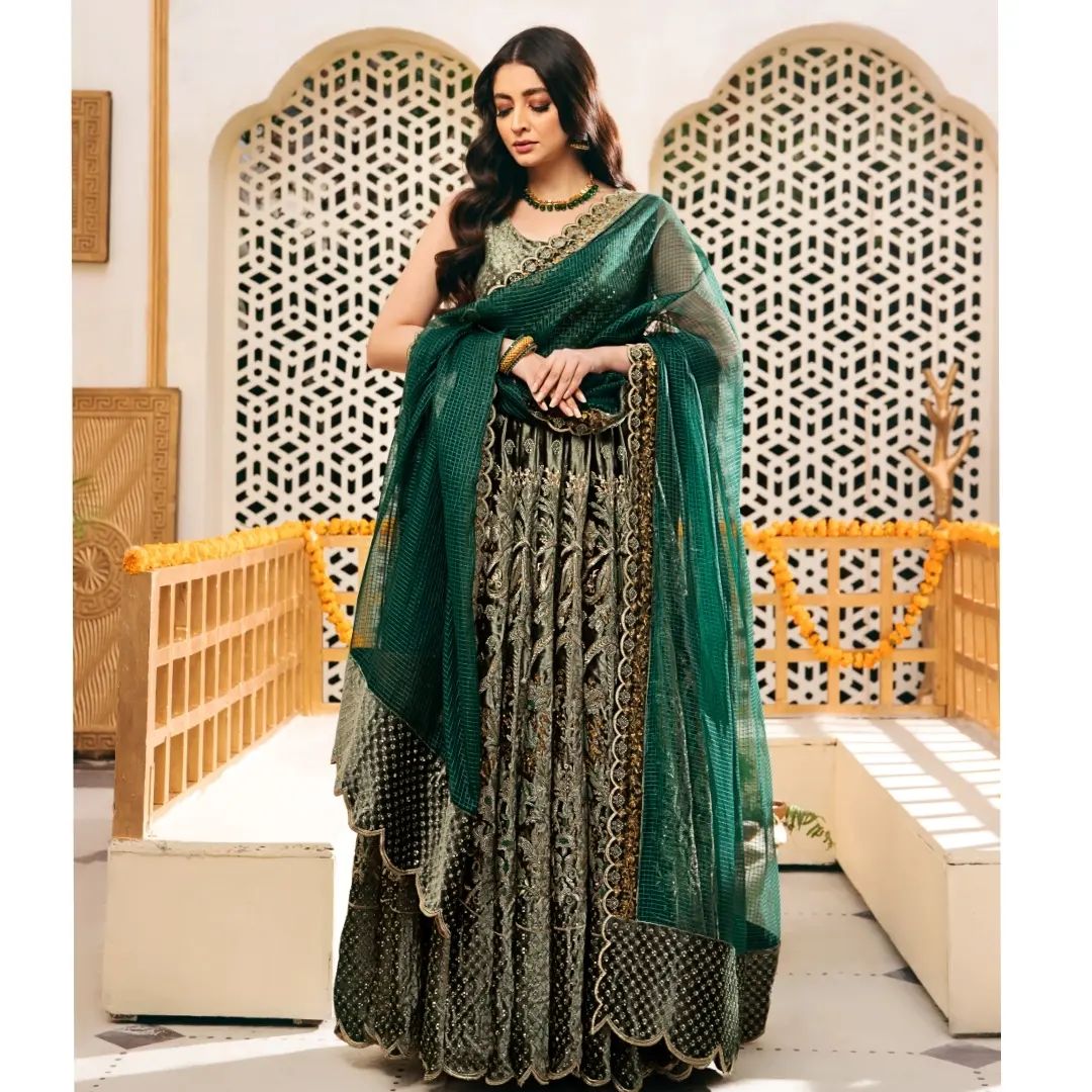 Pakistani Bridal Green Pishwas and Lehenga Set for Weddings