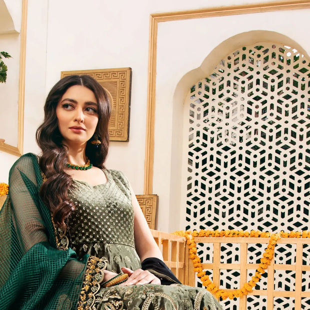 Pakistani Bridal Green Dress in Pishwas Frock Style Online