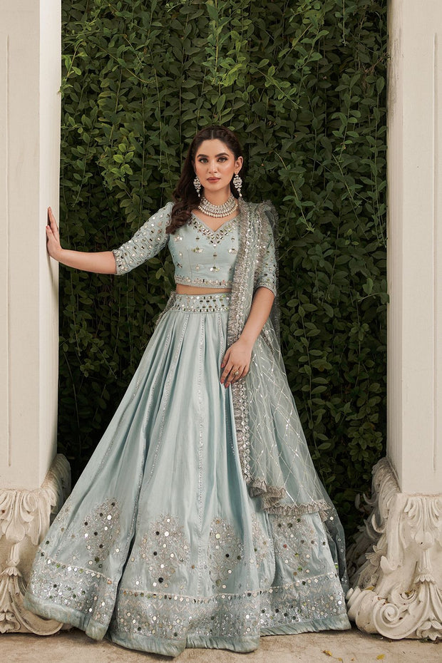 Pakistani Bridal Ice Blue Lehenga Choli Dupatta Dress