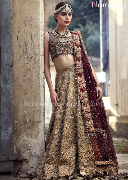 Pakistani Bridal Lehenga Choli in Gold