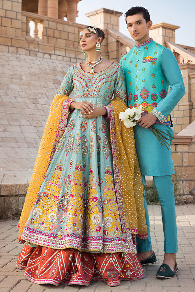 Pakistani Bridal Lehenga Frock and Dupatta Mehndi Dress Online