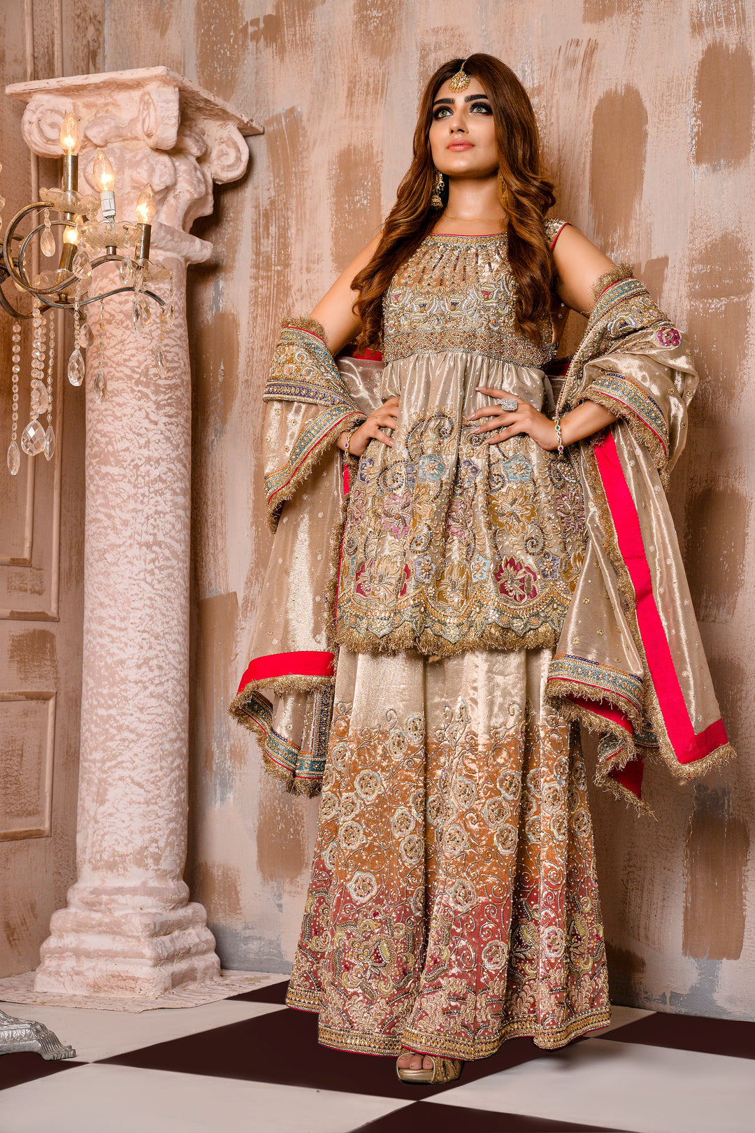Pakistani Bridal Lehenga Frock in Mesuri Fabric Online