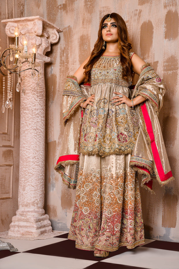 Pakistani Bridal Lehenga Frock in Mesuri Fabric Online