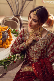 Pakistani Bridal Lehenga in Deep Maroon Color 