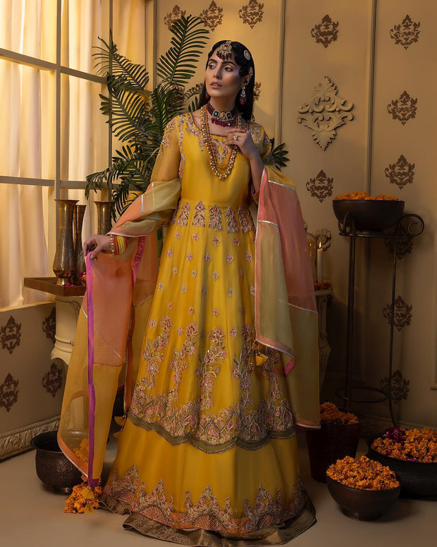 Pakistani Bridal Lehenga and Pishwas Yellow Mehndi Dress