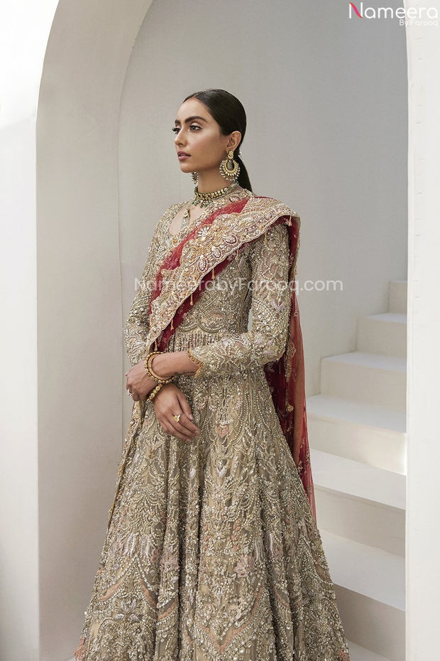 Pakistani Bridal Lehenga in Long Front Open Gown 2022