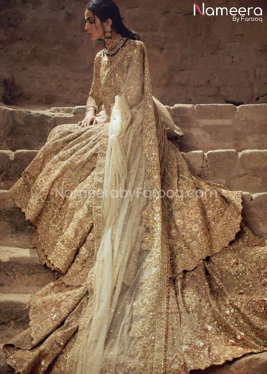 Pakistani Bridal Lehenga with Long Frock in Gold