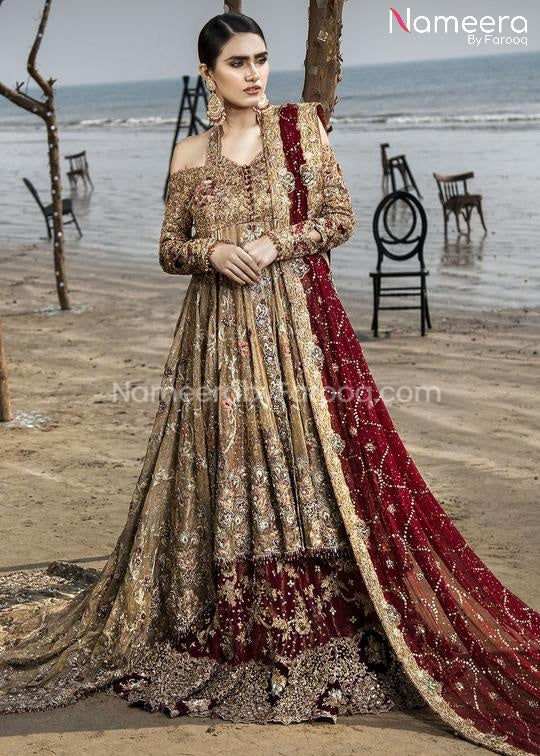 Latest Pakistani Bridal Red Lehenga with Long Tail Frock – Nameera