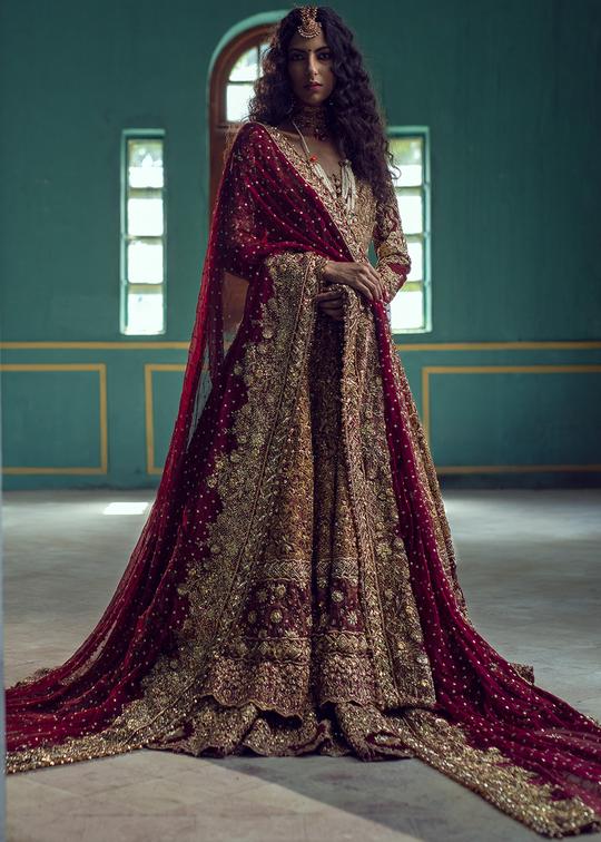 Pakistani Bridal Lehenga with Long Trail Gown
