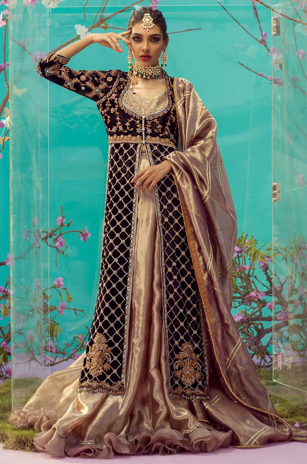 Pakistani Bridal Lehenga with Open Kameez and Dupatta