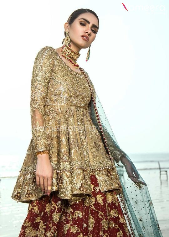 Embroidered Pakistani Red Bridal Lehenga with Short Frock