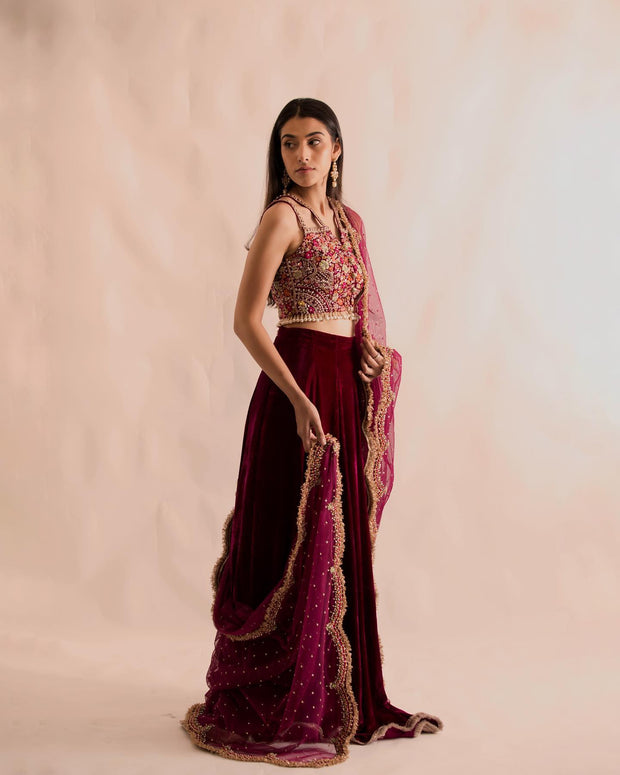 Pakistani Bridal Lehenga with Sleeveless Choli Dupatta