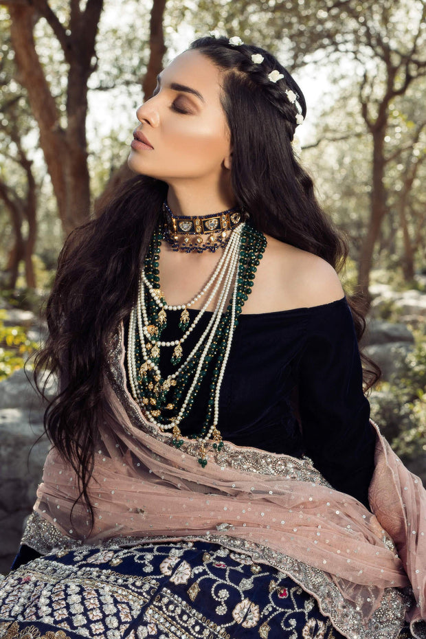 Pakistani Bridal Lehenga with Velvet Choli Close Up
