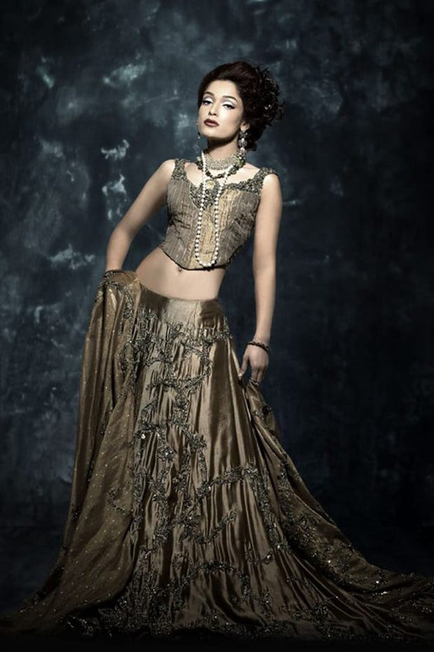 Pakistani Bridal Lehnga Choli in Light Copper Color