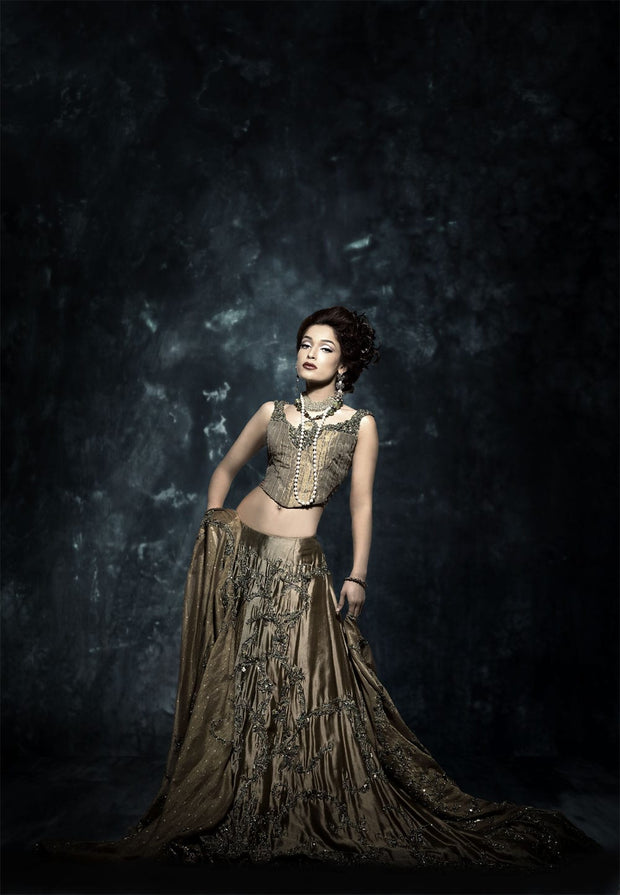 Pakistani Bridal Lehnga Choli in Light Copper Color
