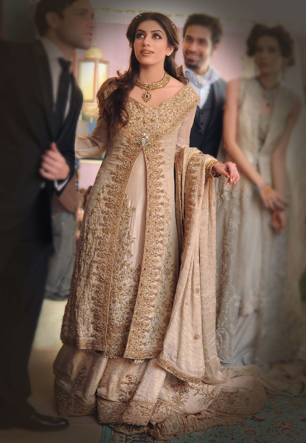 Pakistani Bridal Lehnga Shirt in Ivory Color #N7094