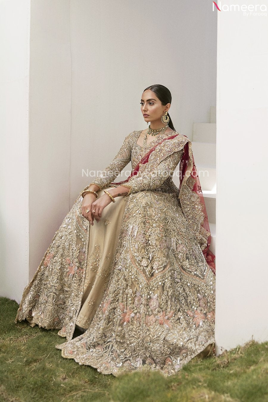Pakistani Bridal Lehnga in Long Front Open Gown