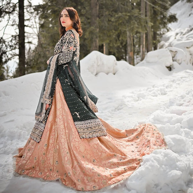 Pakistani Bridal Long Kameez Lehenga and Dupatta Dress