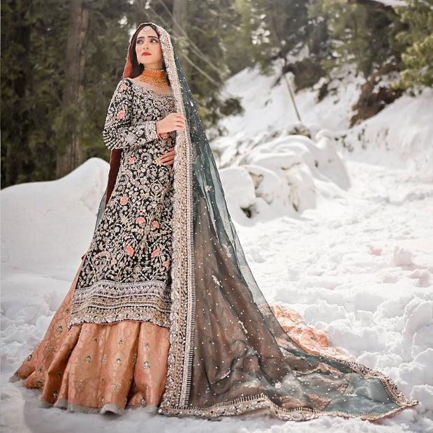 Pakistani Bridal Long Kameez Lehenga and Dupatta Dress Online