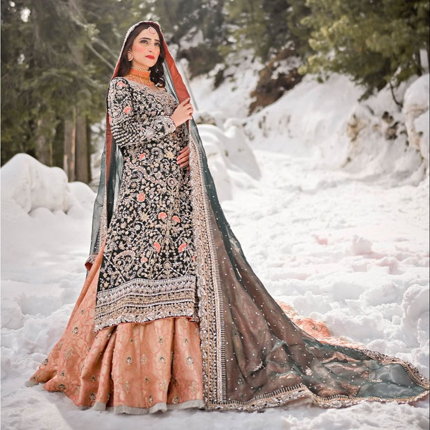 Pakistani Bridal Long Kameez Lehenga and Dupatta Dress
