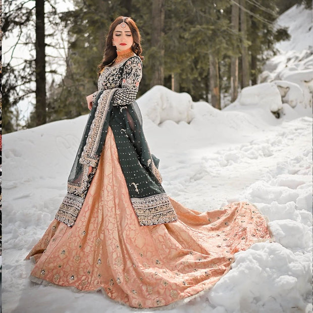 Pakistani Bridal Long Kameez Lehenga and Dupatta Dress for Wedding