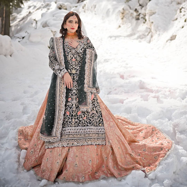Pakistani Bridal Long Kameez Lehenga and Dupatta Online