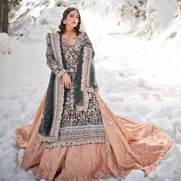Pakistani Bridal Long Kameez Lehenga and Dupatta