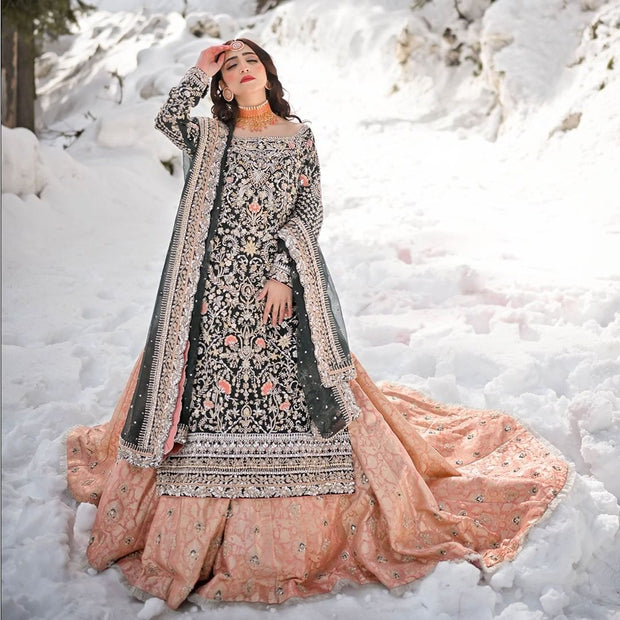 Net Ceremonial Peach Designer Lehenga Pant Kameez