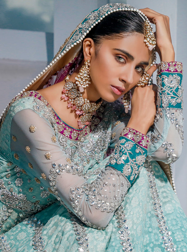 Pakistani Bridal Long Maxi 2020 in Turquoise Color Close Up