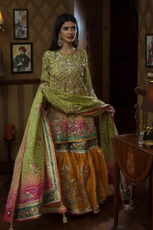Pakistani Bridal Mehndi Gharara in Green Color #Y2008