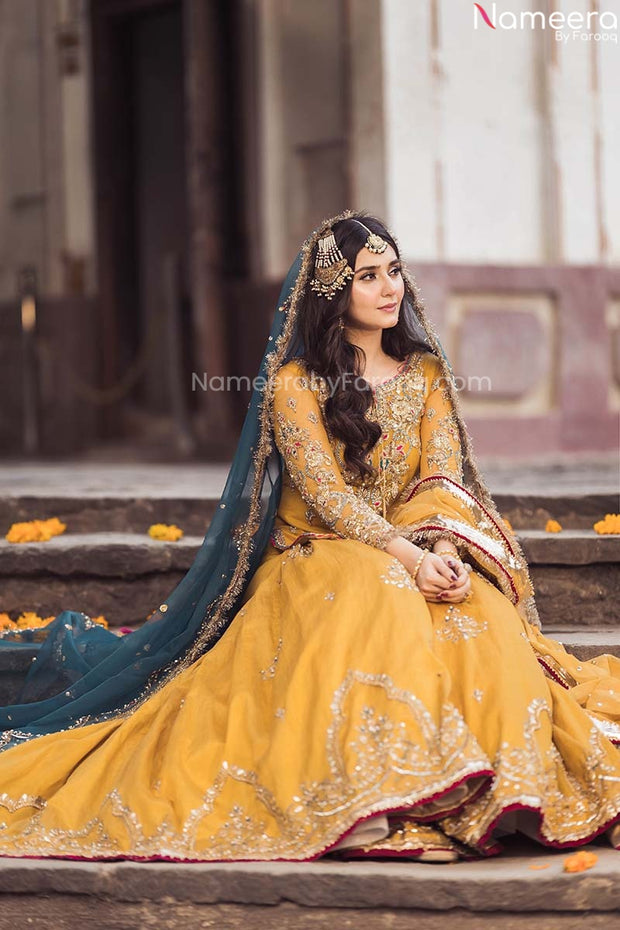 Pakistani Bridal Mehndi Gharara in Yellow 2022