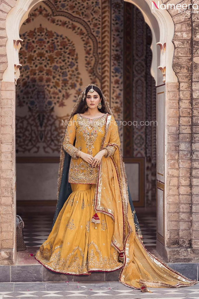 Pakistani Bridal Mehndi Gharara in Yellow Color with Dual Dupatta