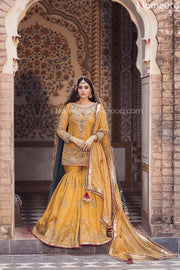 Pakistani Bridal Mehndi Gharara in Yellow Color 2022
