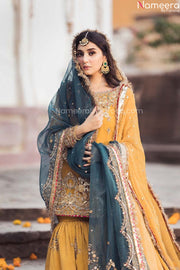 Pakistani Bridal Mehndi Gharara in Yellow Color