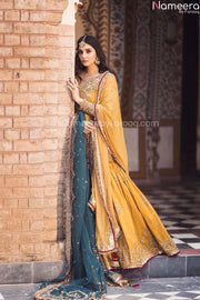 Pakistani Bridal Mehndi Gharara in Yellow