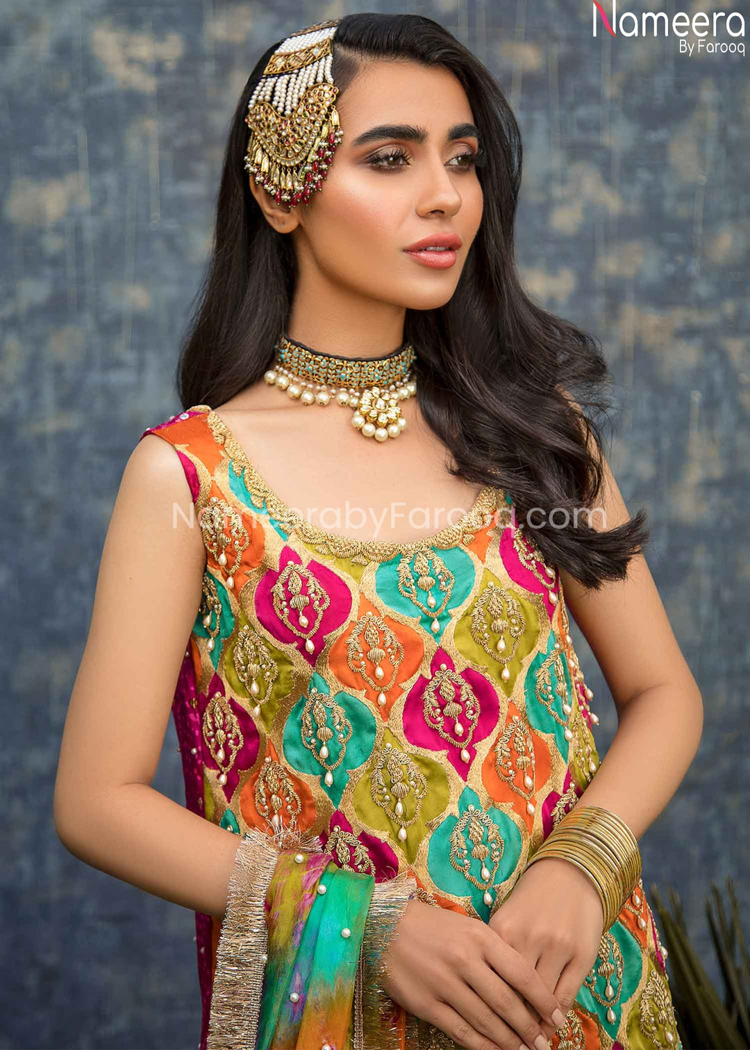 Pakistani Bridal Mehndi Gharara with Short Kurti  Close Up View