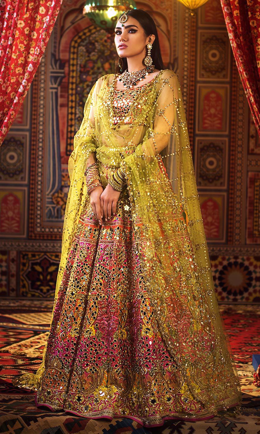 Buy Pakistani Bridal Mehndi Lehnga Choli Online Nameera by Farooq