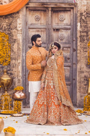 Pakistani Bridal Mehndi Outfit in Long Frock in Orange 2022