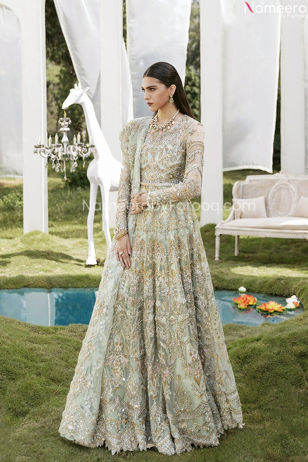 Pakistani Bridal Mint Green Lehenga in Gown Style for Wedding Nameera by Farooq